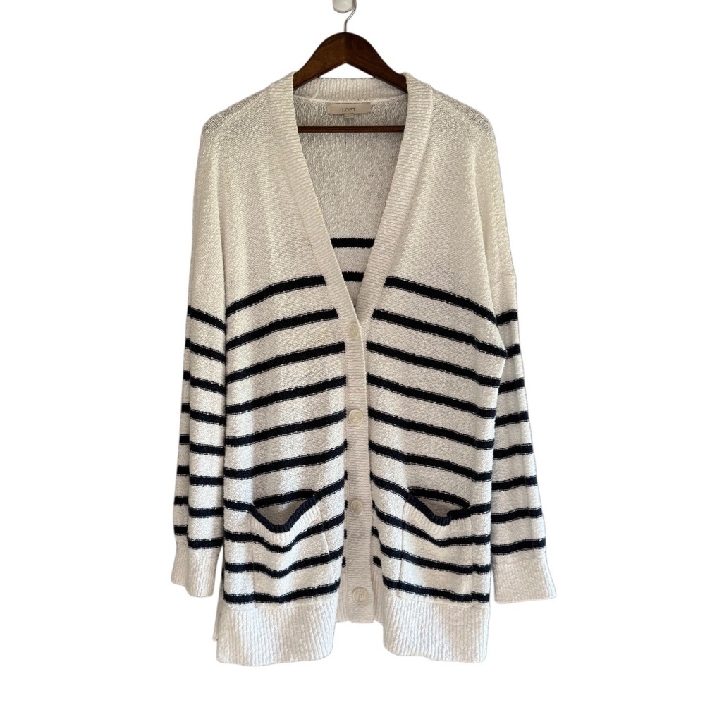 Loft Cotton Sweater Cardigan White Navy Nautical Preppy Slouchy Pocket Button XL